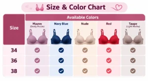 Small cup foam padded bra size and color chart showing sizes 34 36 38 and colors Mauve Navy Blue Nude Red and Taupe