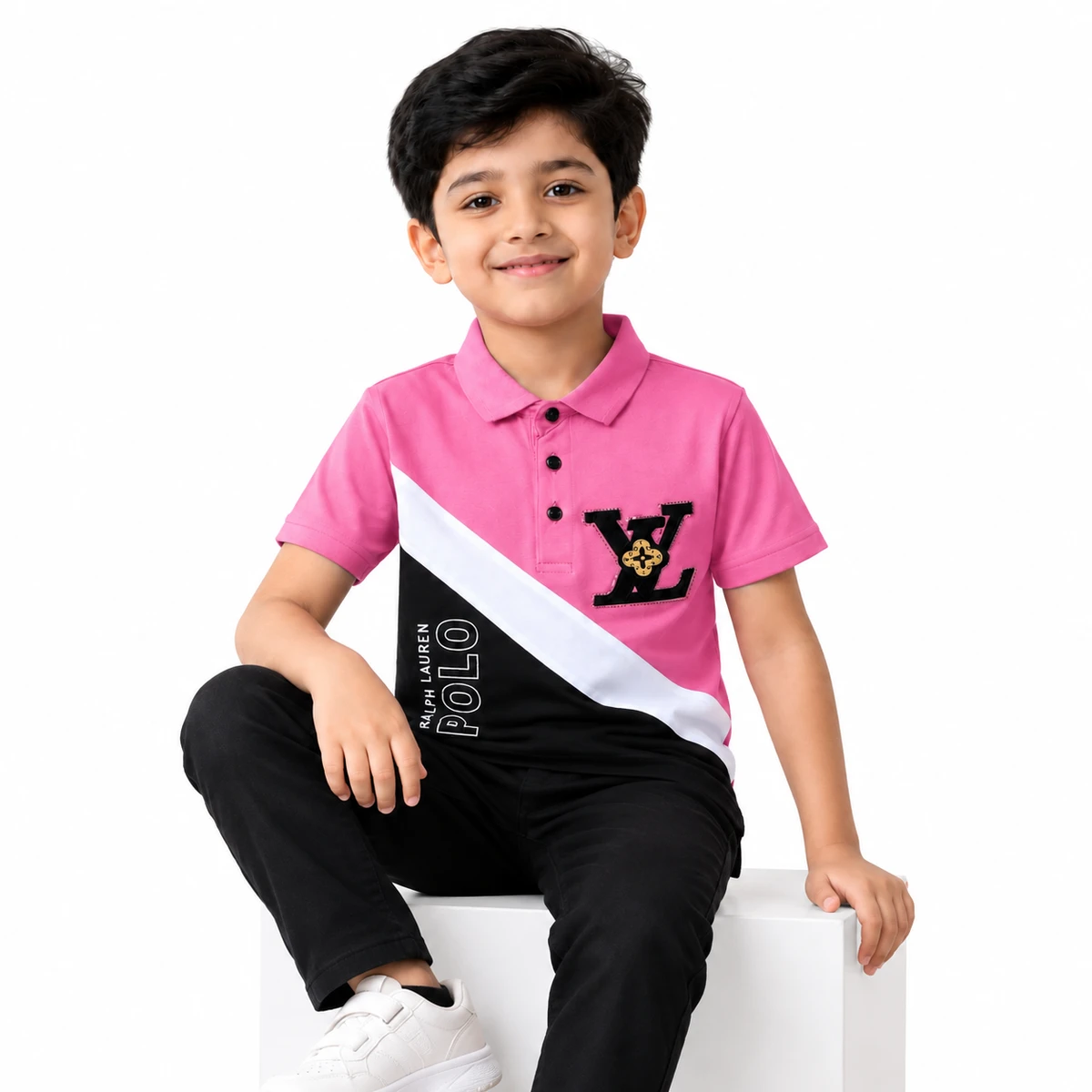 Boys Polo T-Shirt Pink White and Black Sitting Model