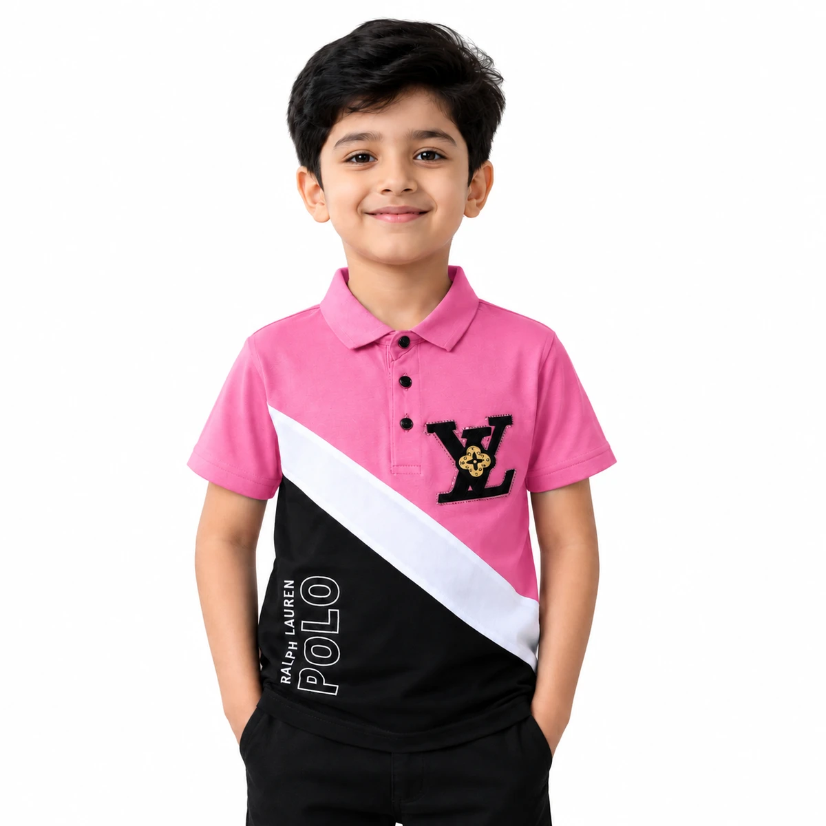 Boys Polo T-Shirt Pink White and Black Model