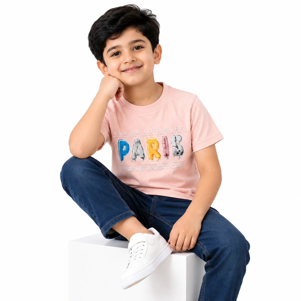 Kids Pink PARIS Round Neck T-Shirt for Boys Lifestyle Model