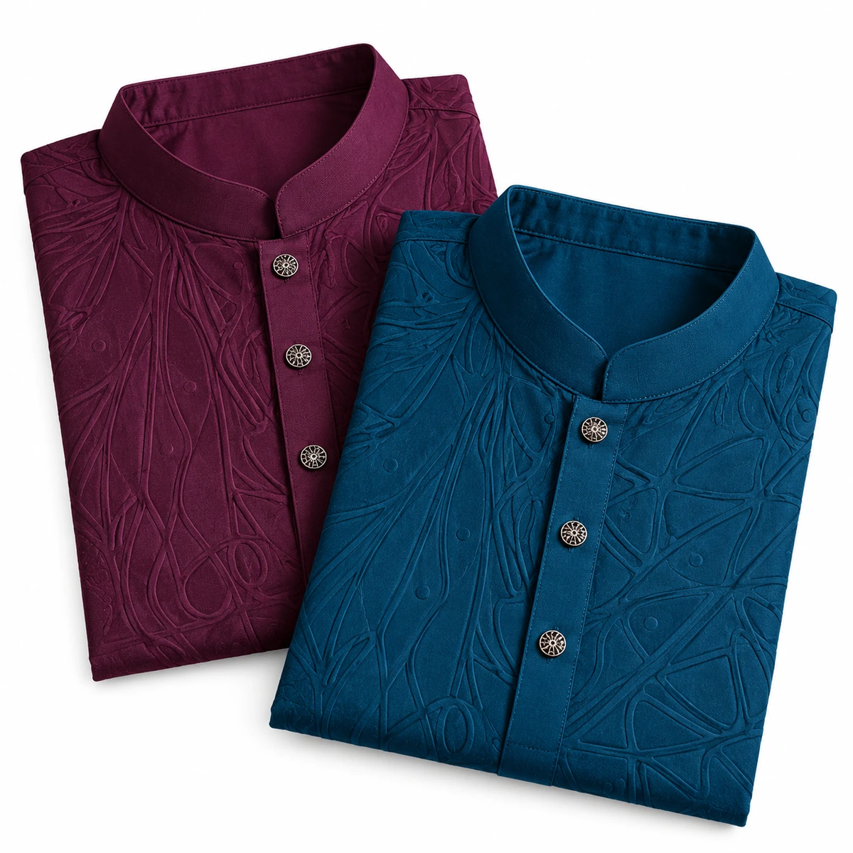 Premium Fancy Embossed Panjabi Teal Blue and Maroon Two Piece Display