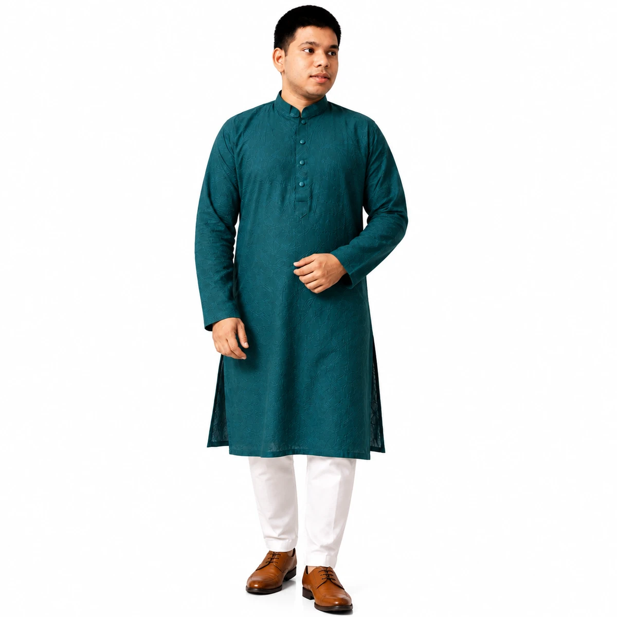 Premium Fancy Embossed Panjabi Teal Blue Front Model