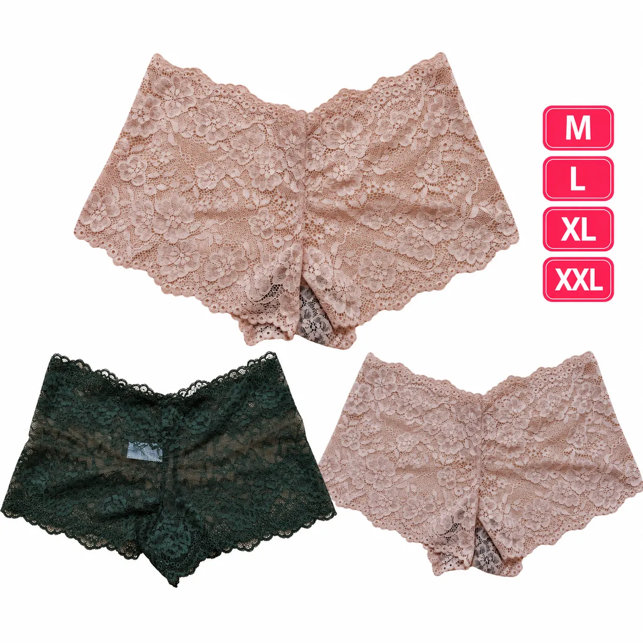 Ladies Floral Lace Boyshort Panty – Skin Nude, Light Cream & Deep Green
